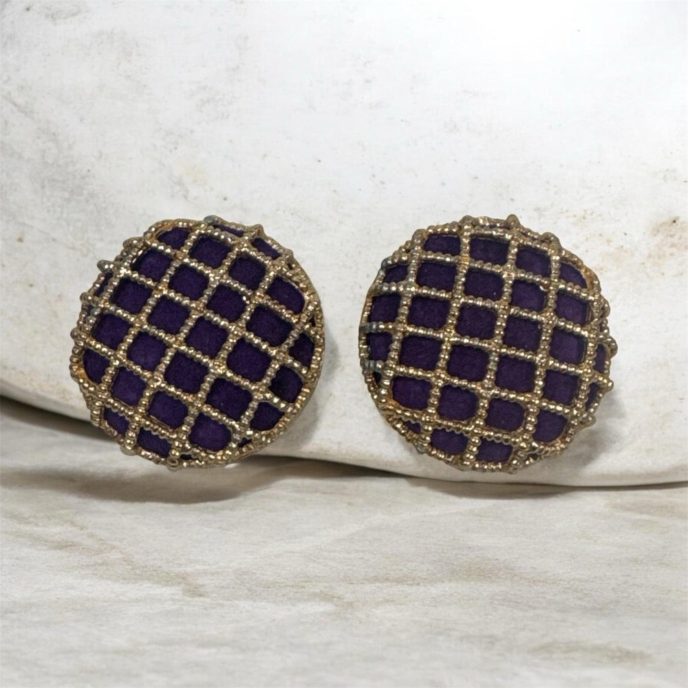 GJD Purple and gold circular clip on earrings cross hatch pattern